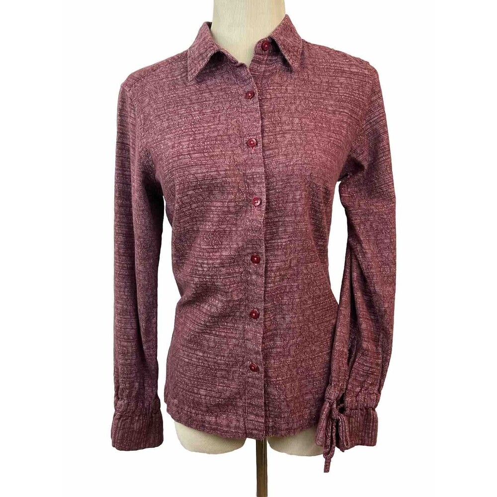 Columbia Button Down Shirt Womens Small Burgundy Textured Long Sleeve Tie Cuff
